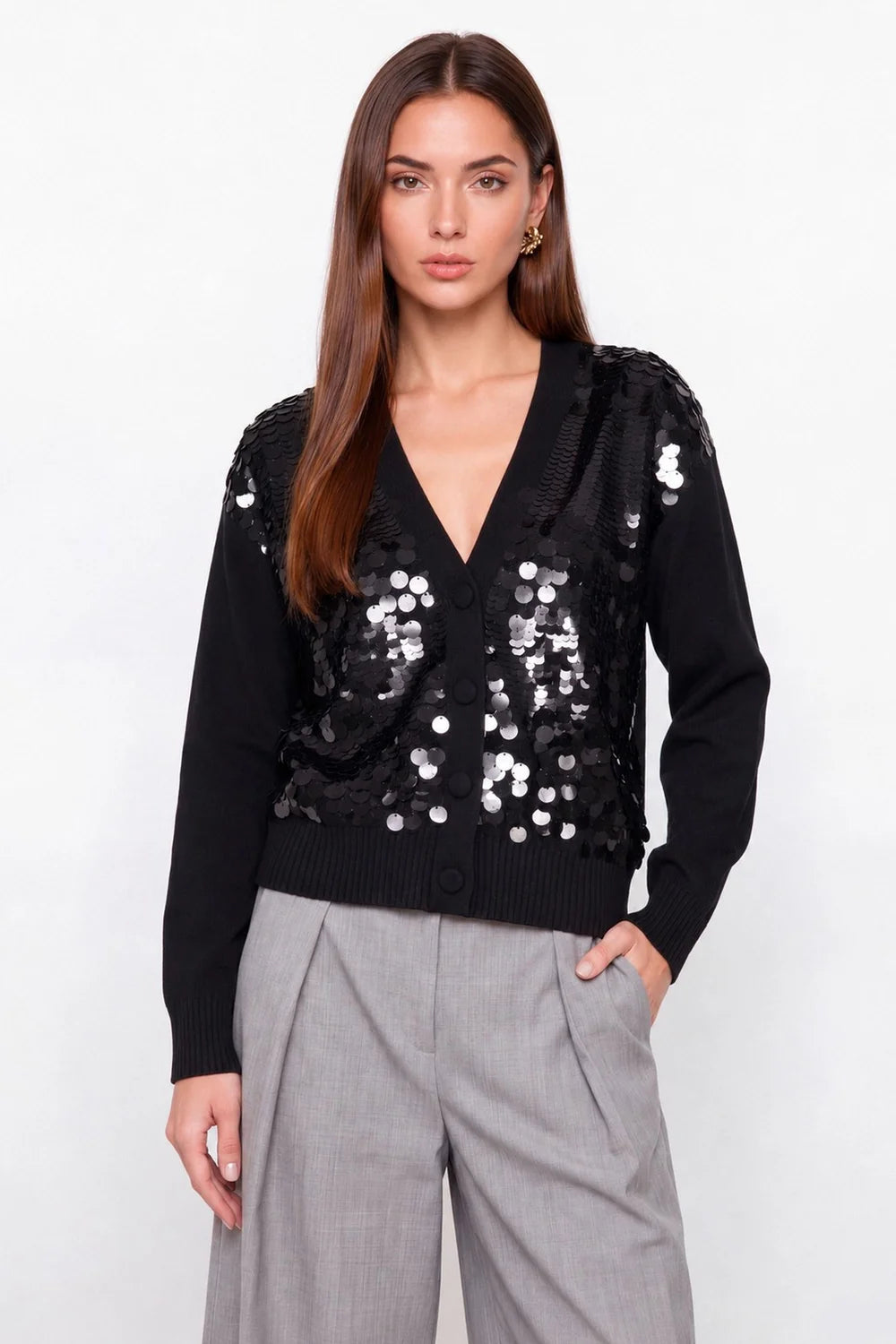 CARDIGAN CON PAILLETTES E SCOLLO A V KOCCA